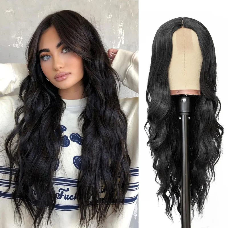 

European and American Style Women's Small Lace Black Middle Part Long Curly Big Waves Synthetic Hair Wig