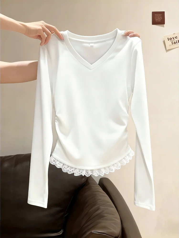 Slim Fit Long Sleeve V-Neck Base Shirt Women's Cotton 95% T-Shirt Spring Autumn New Style plus Size Waist Cinched Inner Wear