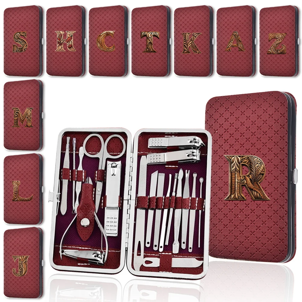 19 Pcs Nail Clippers Set Storage Box Multifunctional Nail Clippers Set Home Nail Trimmers Tools Kit Wood Art Letter Pattern