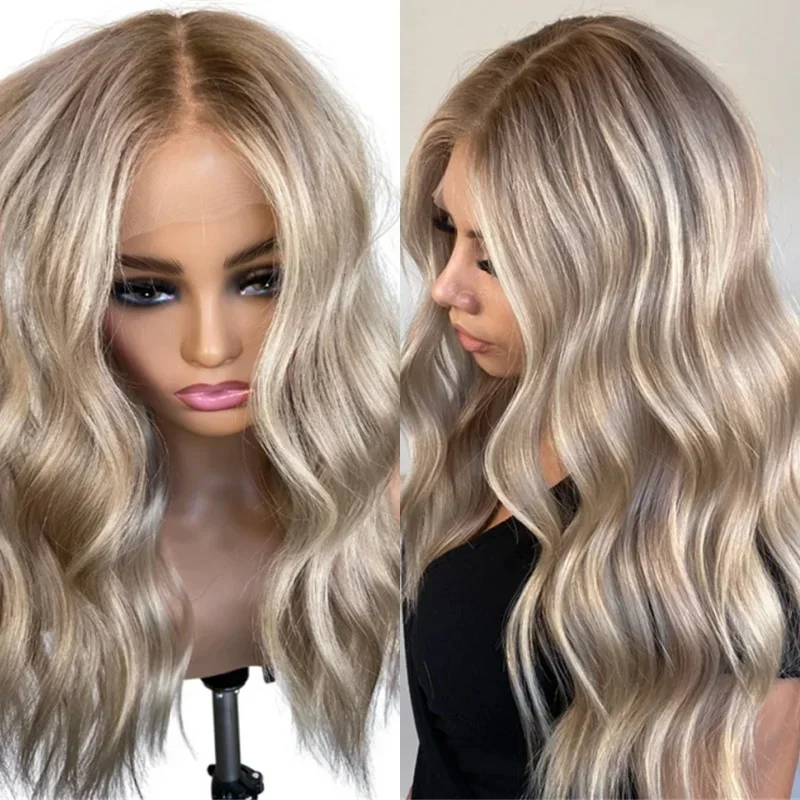 24Inch Soft Glueless Women Natural Wave HD Lace Highlight Blond Long Front Wig Pre Plucked Transparent Lace Hair Heat Resistant