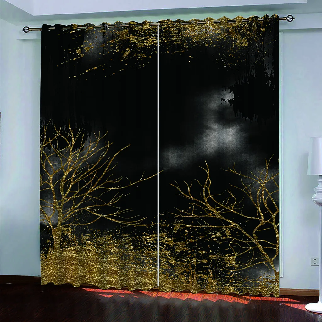 HUANZHUANG Living Room Curtains Creative Gold Tree Boho Modern Design 2 Pieces Fashion Window Curtain For Bedroom Home