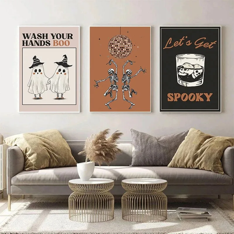 Trendy Halloween Guest Check Sign Spooky Ghost Disco Skeleton Poster Canvas Painting Autumn Wall Art Pictures Home Decor