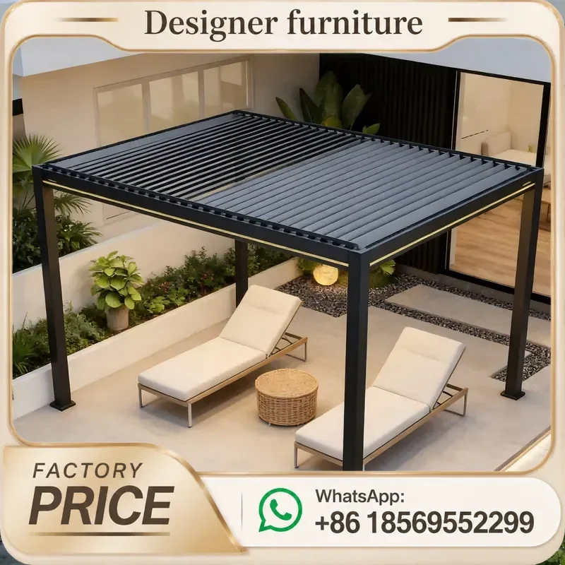 Motorized Aluminum Louvered Pergola With LED Lights Hidden Drainage Waterproof Snowproof For Outdoor Patio Garden Canopy