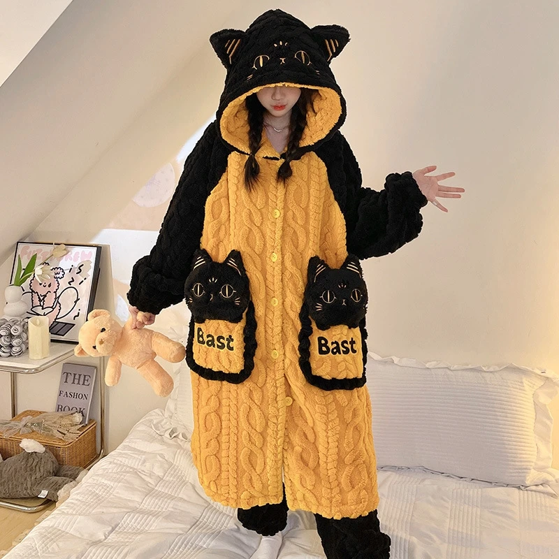 

Andersoned Black Cat Hooded Pajama Robe Women Thick Coral Velvet Winter Loungewear Long Flannel Bast Sleepwear Home Cute Girls