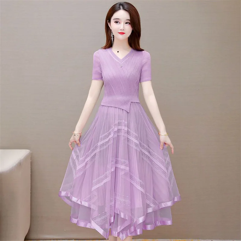 Spring Summer Mid-Long Short Sleeves Dress Women 2024 New Loose V-Neck Grenadine Dresses Pure Colour Fashion A-Line Skirt Female