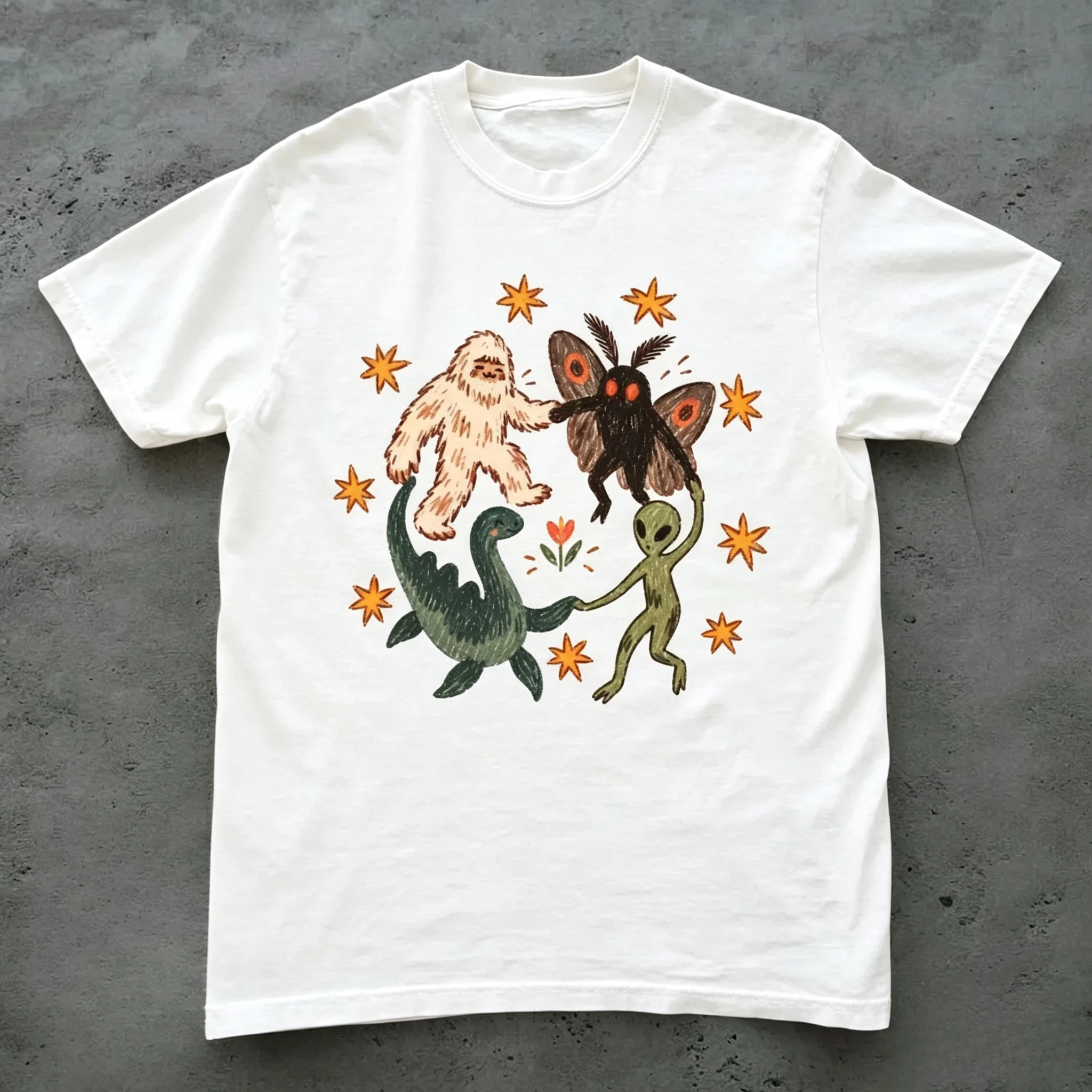 Mysterious Creature T-shirt - Male/Female Bigfoot Mothman Nessie Monster Print Cartoon Casual Streetwear T-shirt