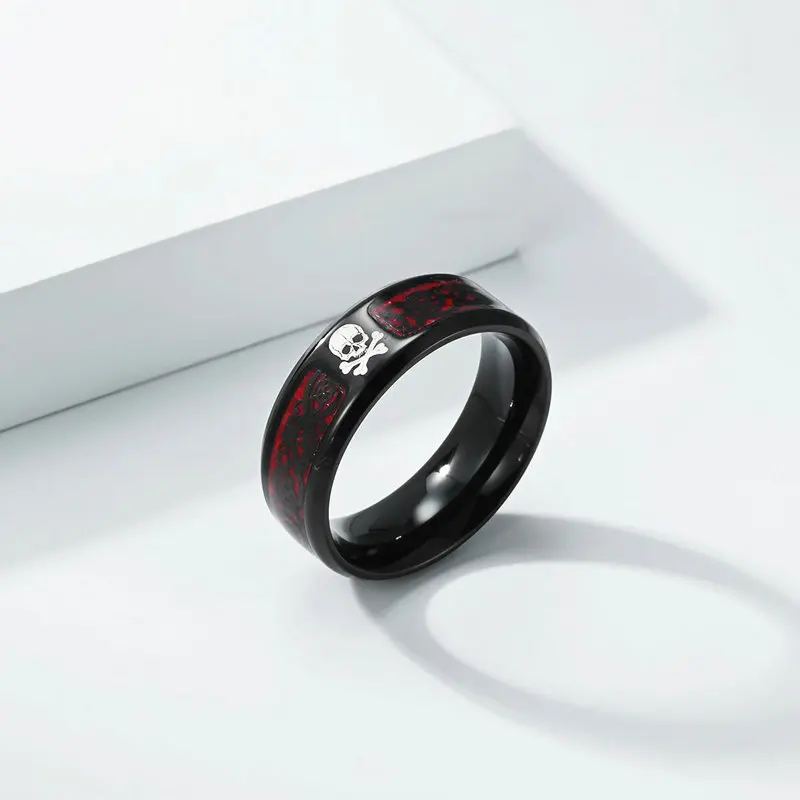 Men's Stainless Steel Punk Skull Cross Bone Ring with Red Background Celtic Pattern Motorcycle Jewelry