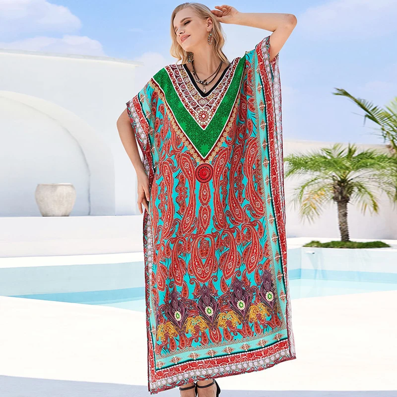 Bohemian Rayon Kaftan Dress Vibrant Colors Loose Fit Ultimate Comfort Women Maxi Dress Exotic Design Chic Relax Beach Cover Ups