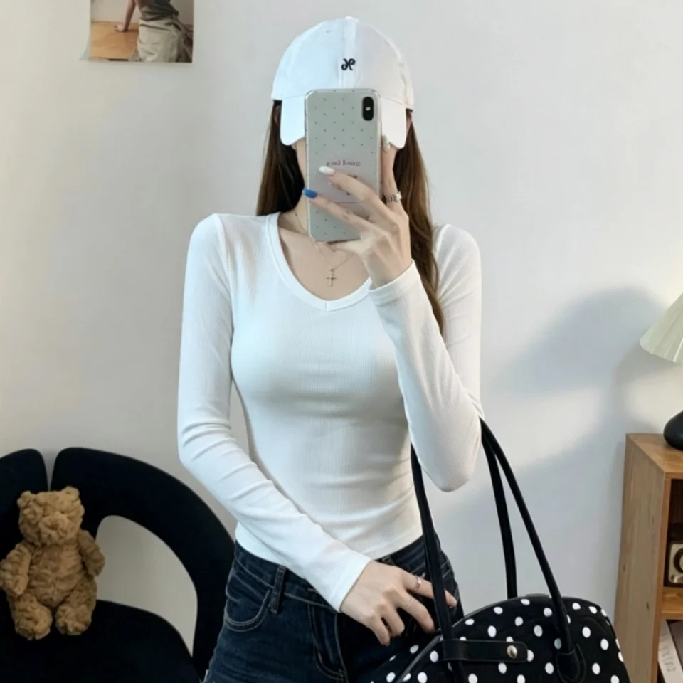 Spicy Girl Style Long Sleeve T-Shirt Women's Slim Fit V-Neck Mesh Print Patchwork Cotton Nylon Spandex Fixed Belt Chest Pad V...
