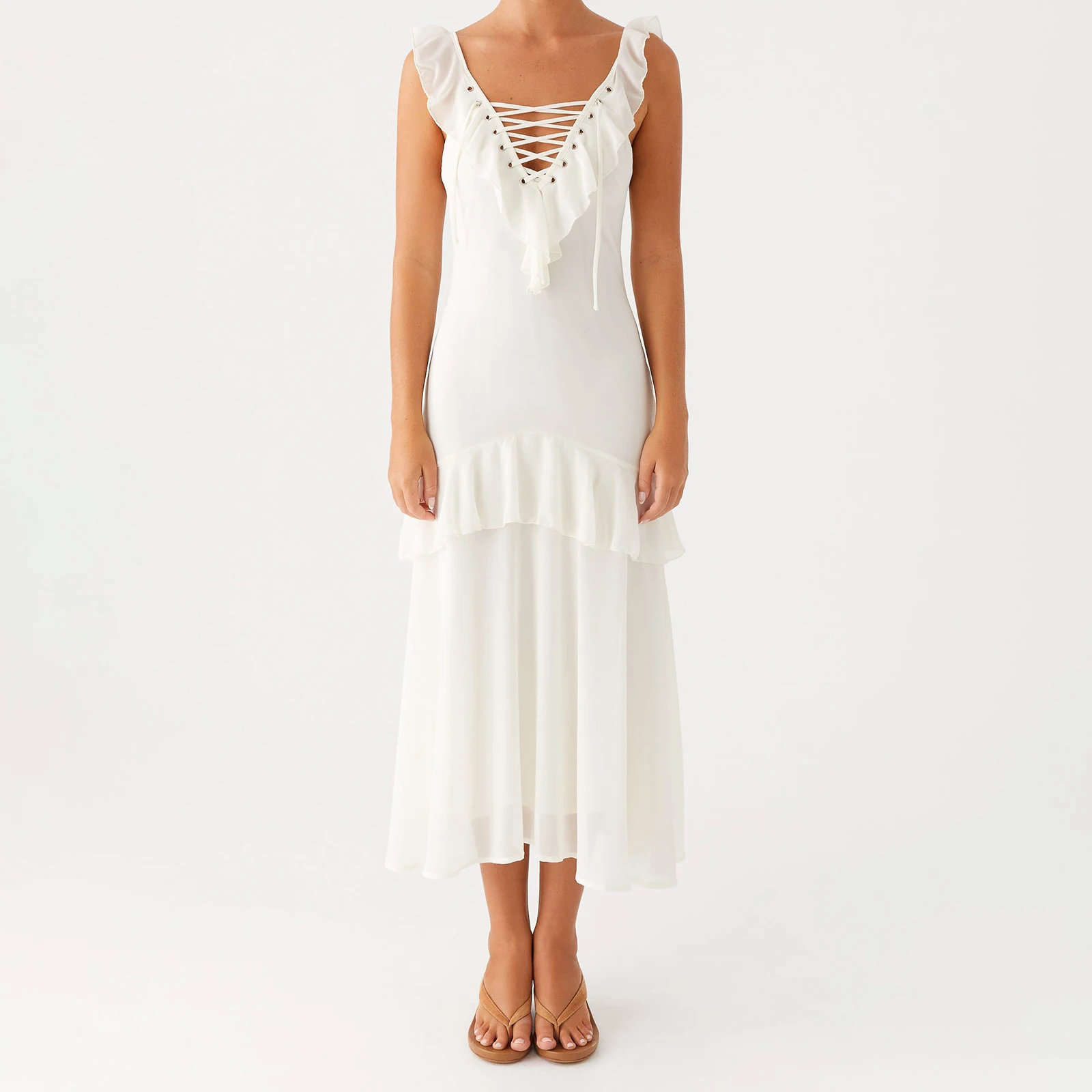 Abito sottoveste da donna senza maniche con scollo a V senza schienale increspato abito lungo estivo per vacanze al mare festa estiva abbigliamento quotidiano streetwear