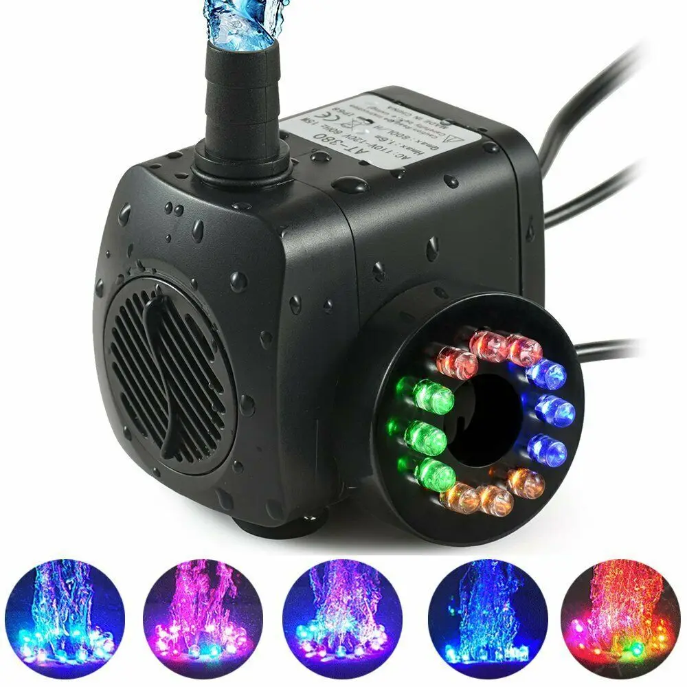 220V 450-1800L/H Fountain pump with LED Light Aquarium Fountain Pond Pump Fish Tank Garden Pond Pumps 8-25W Multiple Sizes