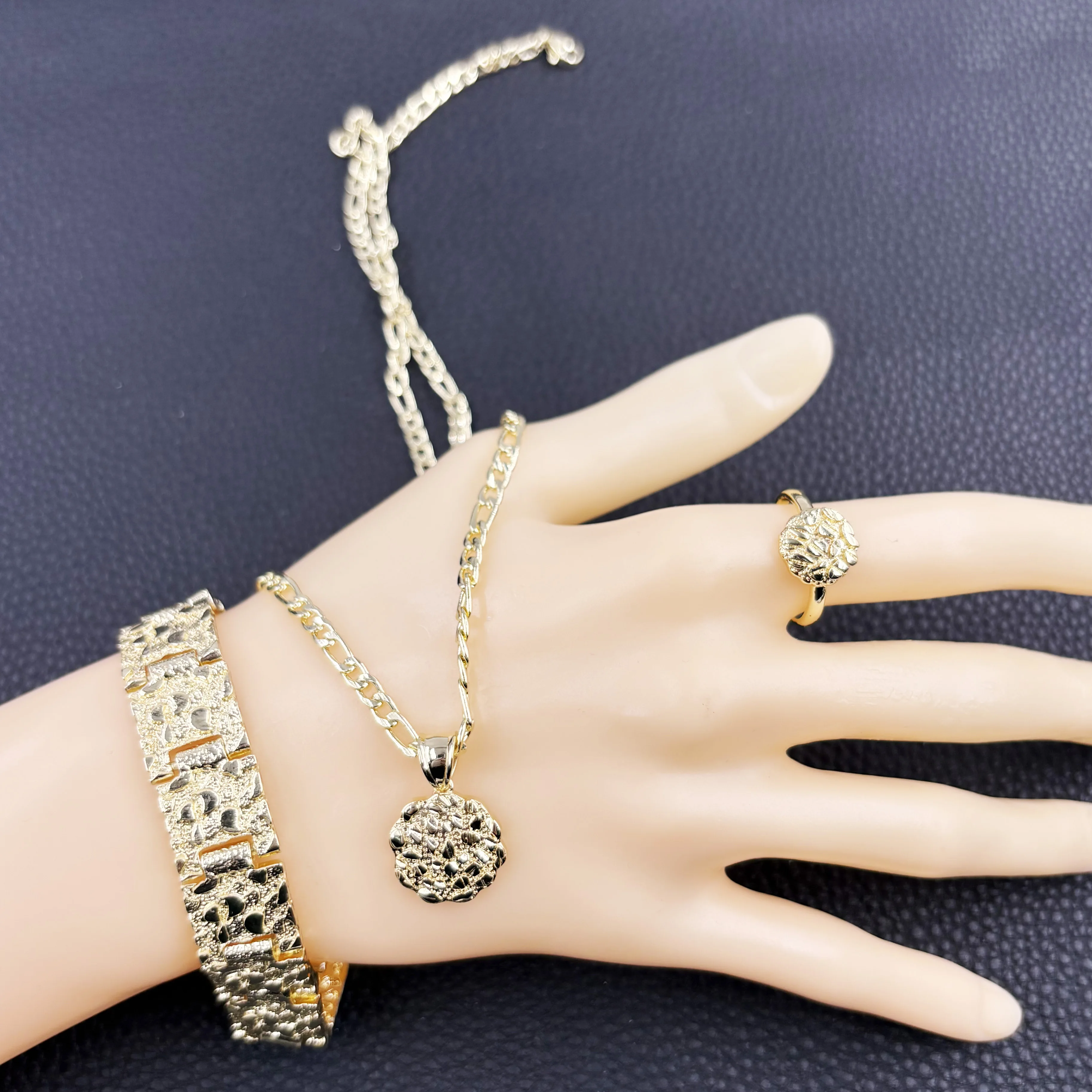 14k Gold Plated Jewelry Set - Coin Pendant 4mm Figaro Chain 8mm Textured Cookie Bracelet And Nugget Rings for Women