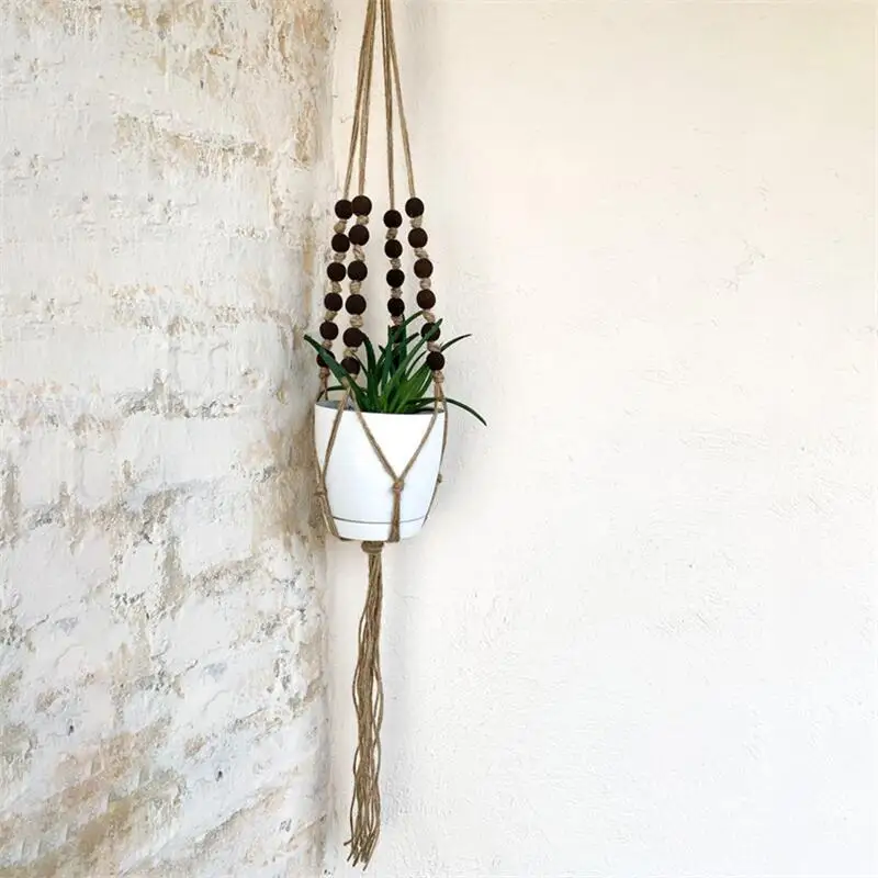 Colored Wooden Beads Macrame Plant Holder Hand Woven Cotton Flower Pot Hanger Hanging Basket For Indoor Plants Bonsai Home Decor