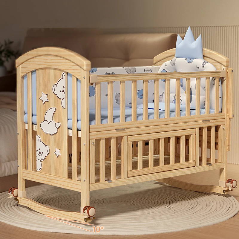 Wood Baby Crib with Diaper Table Newborn Baby Bed Multifunctional Baby Rocking Bed with Wheels and Mosquito Net