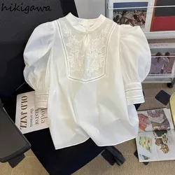 Chinese Style Summer Shirts Fashion Temperament Blouses for Women Stand Neck Hollow Out Embroidery Tops Camisas De Mujer 2024