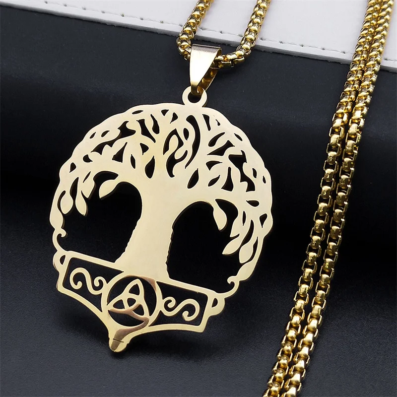 Viking Tree Of Life Celtic Knot Necklace for Women Men Stainless Steel Gold Color Mythology Chain Necklaces Jewelry colar N8071