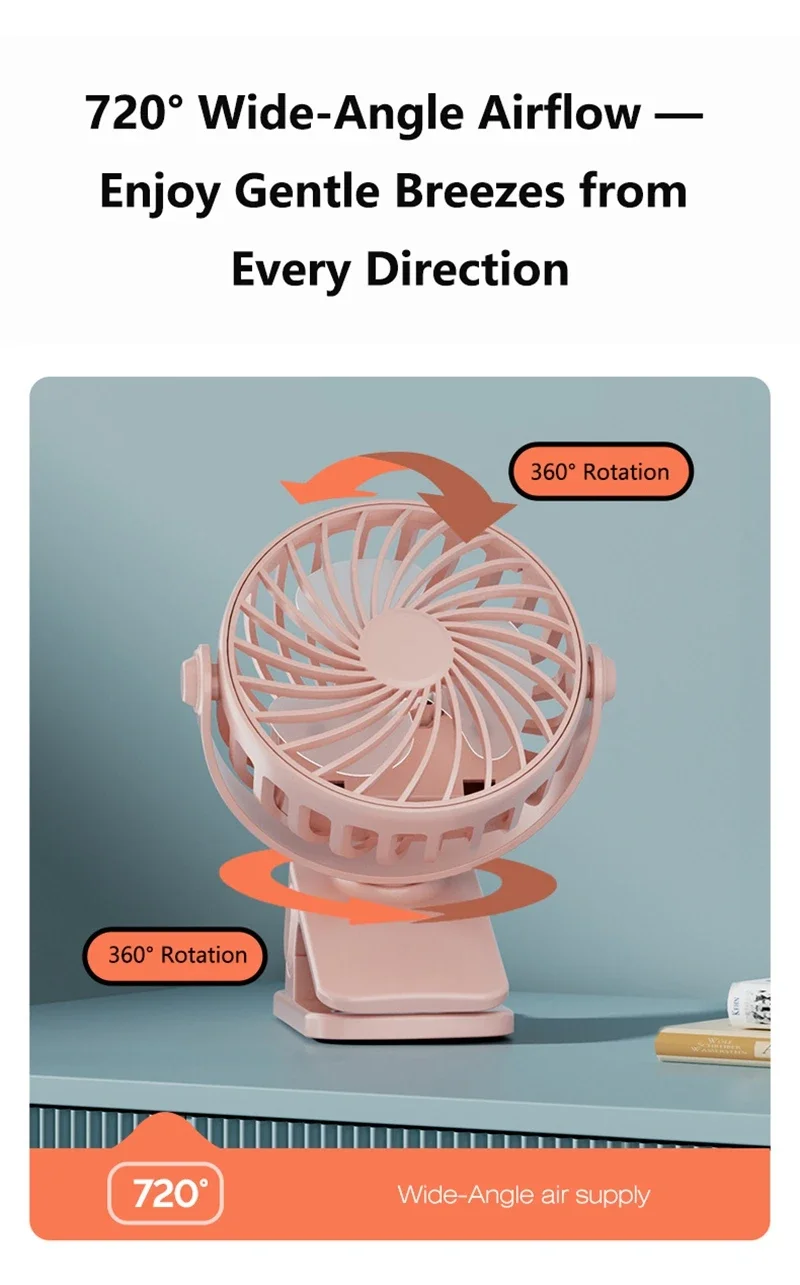 Portable Mini Cooler Fan 720°Rotatable Clip Fan Built In Night Lamp USB Rechargeable Personal Fan For Outdoor Camping Ventilador