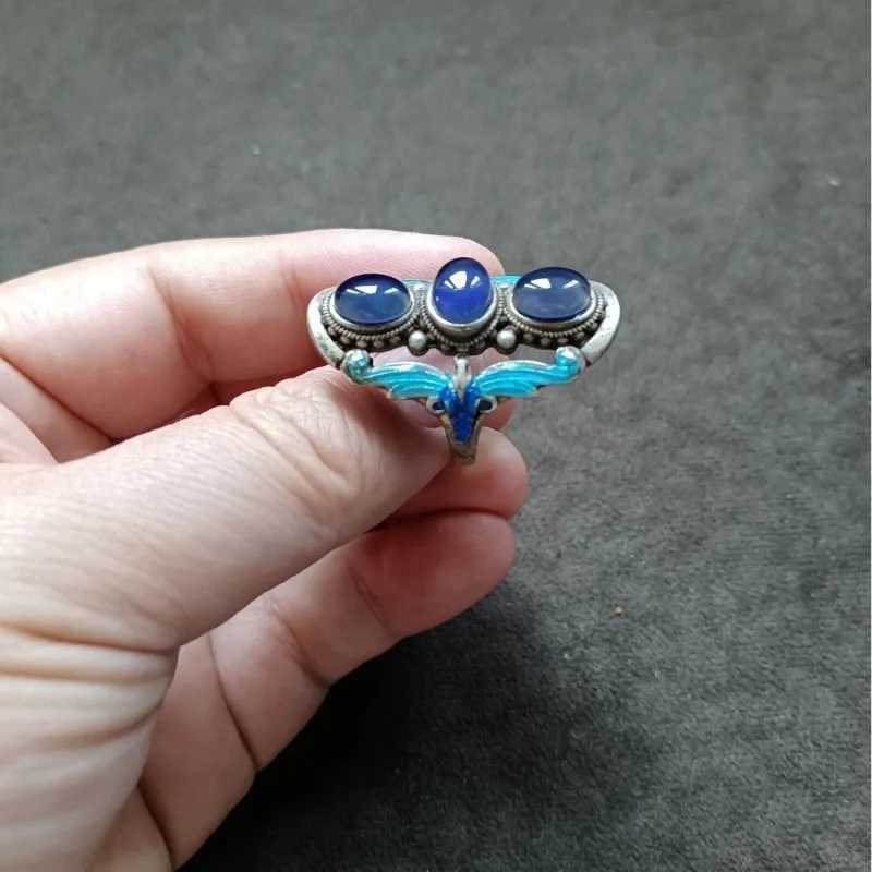 Oriental Vintage Cyan Enamel Silver Ring Triple Oval Blue Cabochon Stone Bird Wing Craft Tribal Spiritual Finger Jewelry