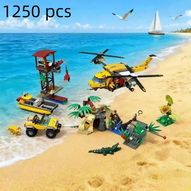 Compatible MOC Sets City Series 60162 Jungle Air Drop Helicopter Building Blocks Exploration Site Bricks Toys For Boys Kid Gifts