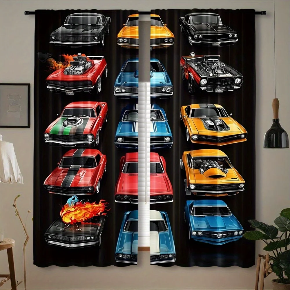 Vintage Classic Muscle Car Curtain 2 Panels Colorful Hot Rod Flame Engine Solid Black Background Master Bedroom Curtain Car Guy