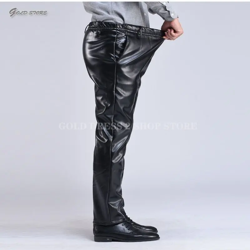 Trendy Men Leather Pants Fashion PU Leather Trousers Plus Size Straight Casual Motorcycle Pants Men\'s Streetwear