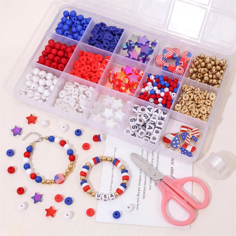 1160-1900pcs/Box US Independence Day Beads Set for DIY Beading Bracelet Phone Chain Jewelry Making Accessories Kit with Scissors