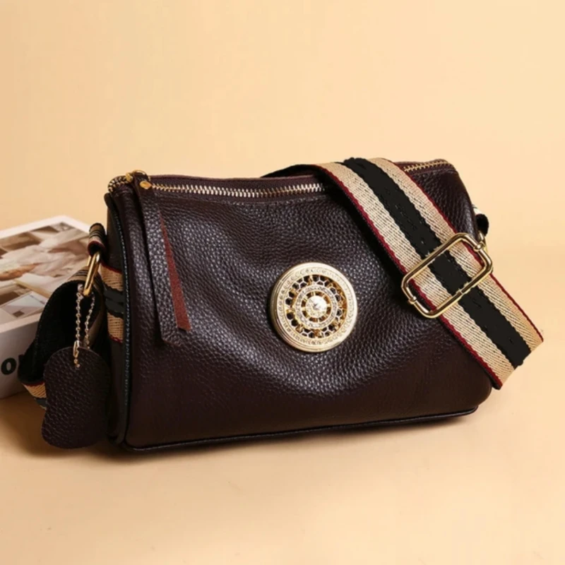 Genuine Leather Bag Women's 2023 New Simple Fashionable Wide Shoulder Strap Single Shoulder Layer Cowhide Popular Crossbody Bag