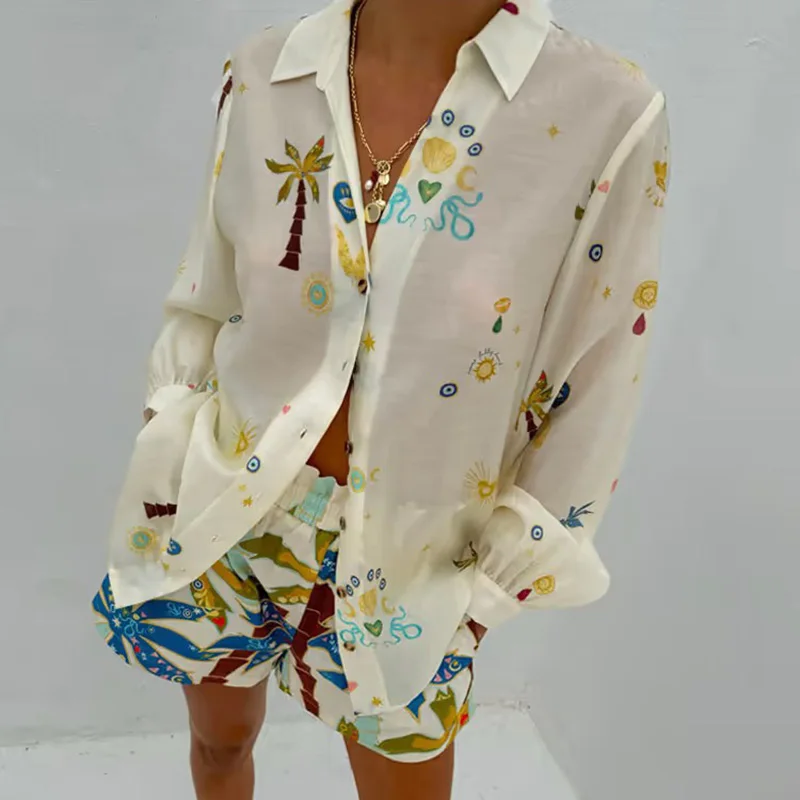 

Nice Female Casual Lapel Shirt And Shorts Beach Set Summer Vacation Long Sleeved Loose Suit Fashion Leaf Print Button Pocket Out