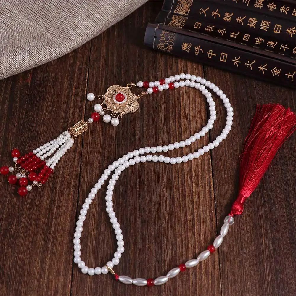 تقليد اللؤلؤ Hanfu قلادة الملابس الطويلة والاكسسوارات الصينية اللؤلؤ قلادة شرابة مجوهرات قلادة اللؤلؤ العرقية الإناث