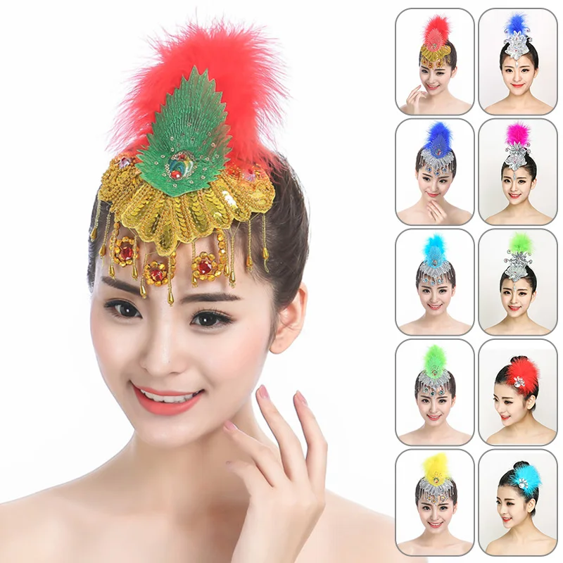 Women Classical Modern Dance Headdress Stage Performance Kids Hair Accessories Tiara Feather Headpiece Classical Head Flower