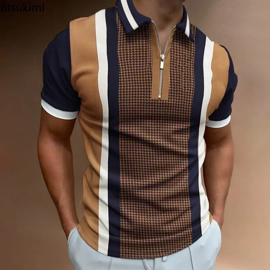 High-quality Polo Shirts Men's Fashion Short Sleeve Striped T-shirts Half Zip Pullovers Men Casual Business Breathable Tops