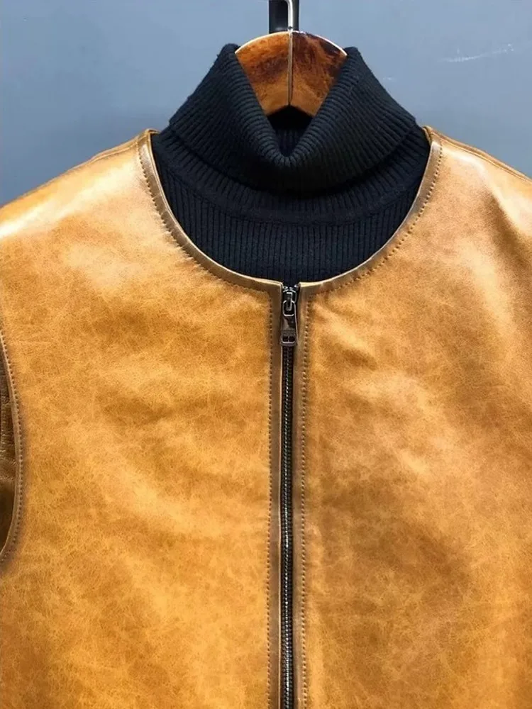 Colete Feminino Vintage de Couro Genuíno com Gola O e Zíper, Jaqueta Curta Casual Estilo Motoqueiro para Primavera e Outono, Colete de Pele de Carneiro Genuína
