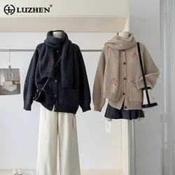 LUZHEN 2024 Winter Loose Solid Color Knitted Cardigan Coat Women's Elegant Luxury Original Casual Sweater Scarf Decorate AA2288