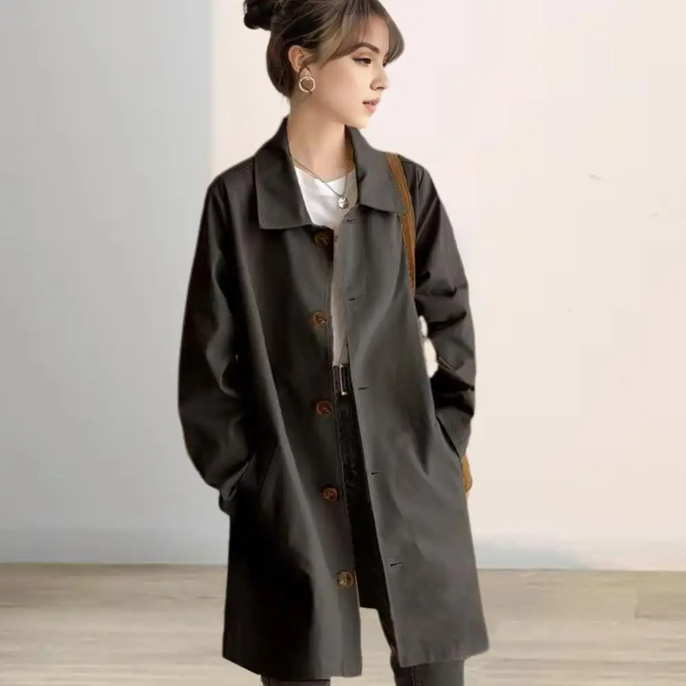 Women Fashion Solid Single Breasted Trench Vintage Lapel Neck Long Sleeves Female Chic Lady Outfits