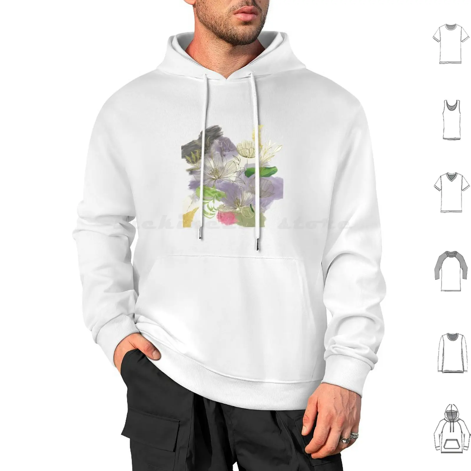 Minimalist Line Art Hoodies Long Sleeve Floral Flowers Foliage Flower Pattern Watercolor Pink Gray Periwinkle Pretty