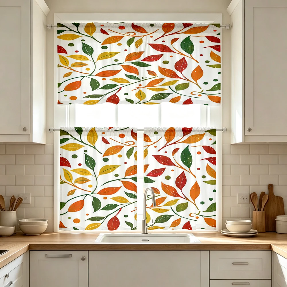 Fall Kitchen Curtains, Colorful Leaf Branch Autumn, Digital Print, Kitchen Dining Room, Rod Pocket Polyester, Home Decor