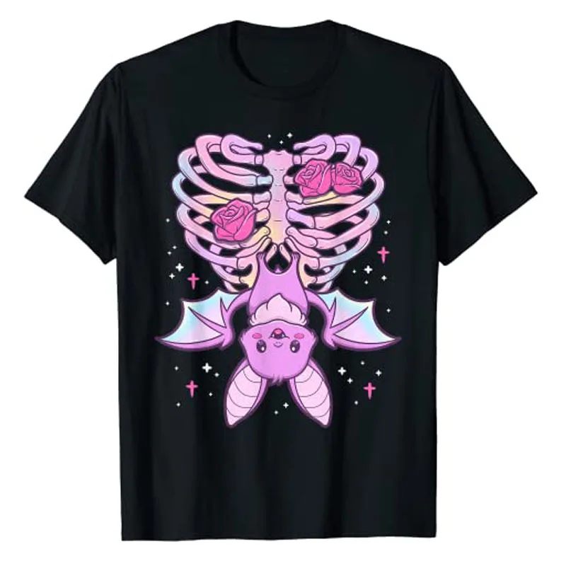 Kawaii Pastel Goth Cute Horror Bat Skeleton T-shirt Anime Vaporwave Aesthetic Costume Pattern T-shirt Halloween Costume Gift