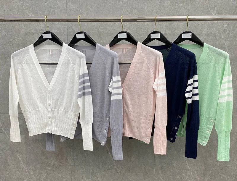 

Женский тонкий вязаный кардиган Thombraden с V-образным вырезом и четырьмя полосками, повседневная верхняя одежда для кондиционированных помещений