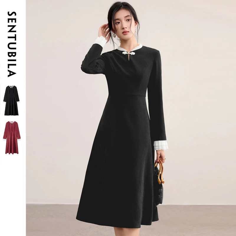 

SENTUBILA Women's Fall Dress 2025 Elegant Chinese Style Women Stand Collar Long Butterfly Sleeve A-Line Dress Clothing 153LI2768