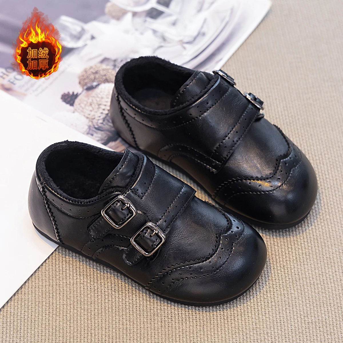 Preppy Style Leather Shoes for Girls New Winter Toddler Dress Shoes with Double Buckle Plush-Lined Retro Kids Mary Jane Flats