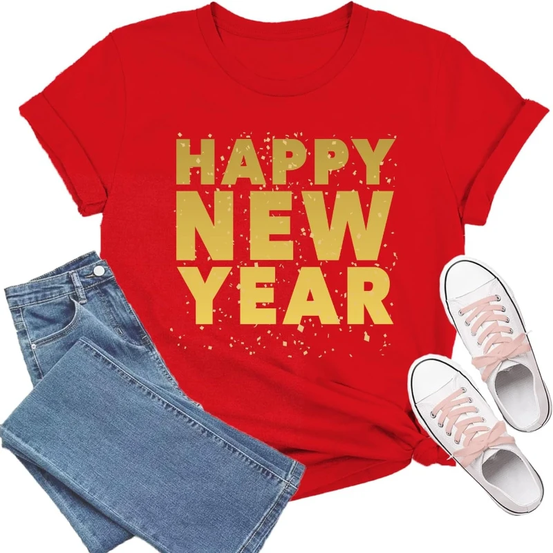 Celebrate Happy New Year Unisex Shirt for Simple Letters Golden Confetti T-Shirts Gift Festival Letter Gold Print Short Sleeve