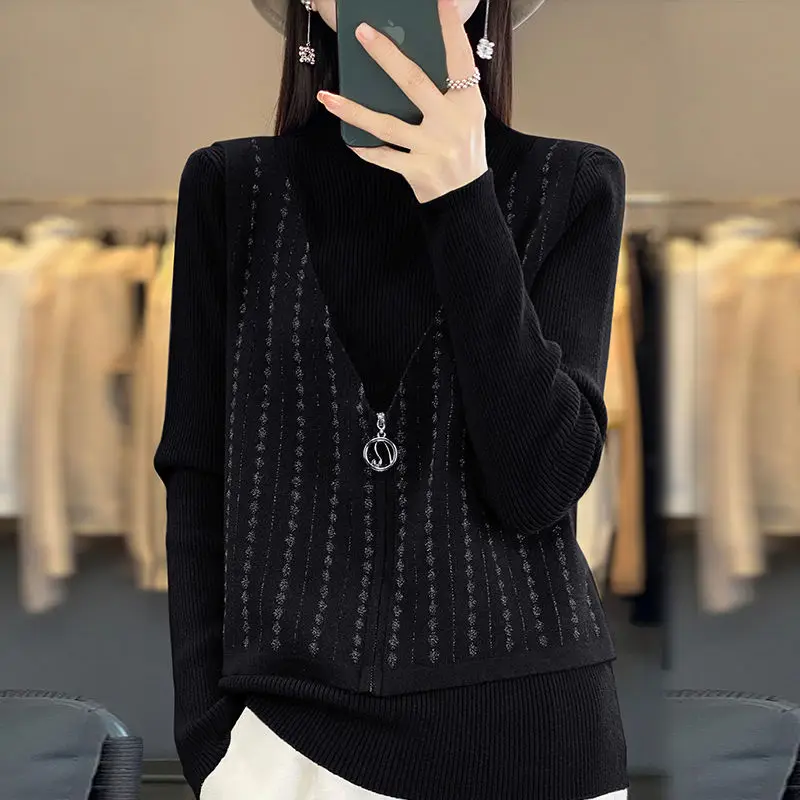 Temperament Autumn/Winter Sweaters Fake Two Pieces Women\'s Mock Neck Printing Zipper Korean Long Sleeve Pullovers Knitted Tops