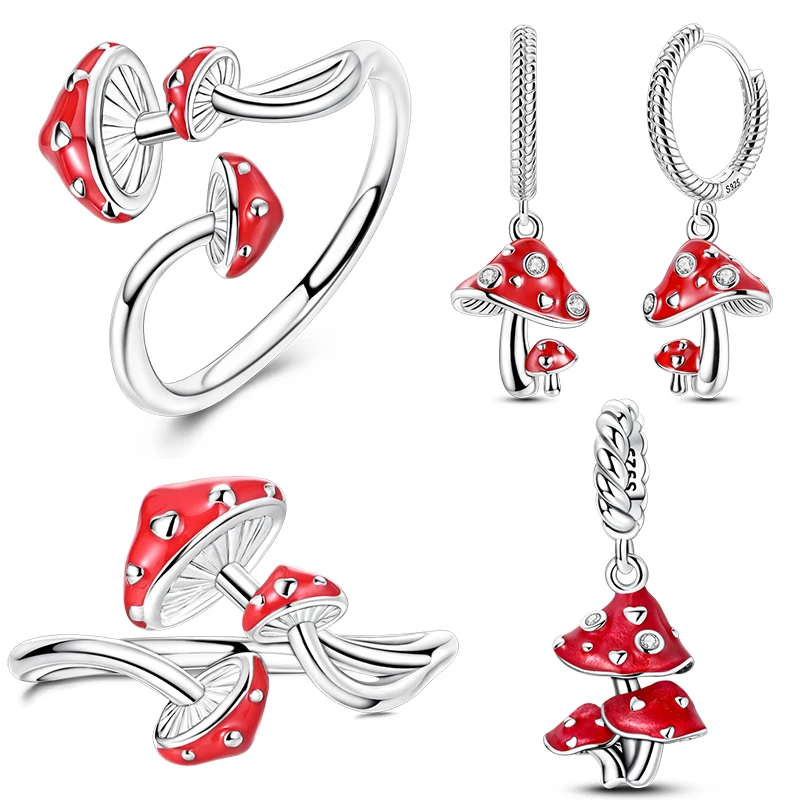 925 Sterling Silver Fashionable Red Mushroom Earrings Rings Charms Sets For Women Fine Birthday Wedding Jewelry Gifts