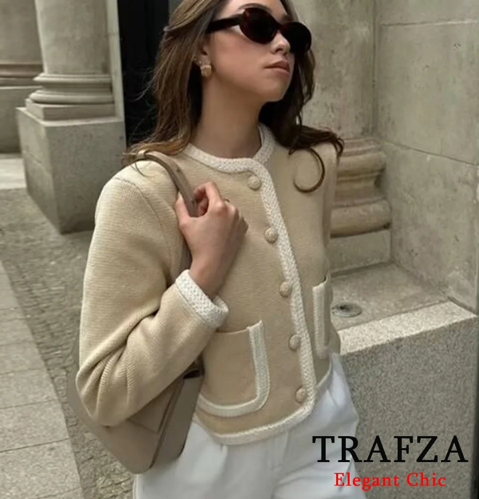 

TRAFZA-Women Fashion Romantic Short Coat Pockets Contrast Color Knitted Jacket New 2024 Fall Winter Vintage Stylish Cardigan