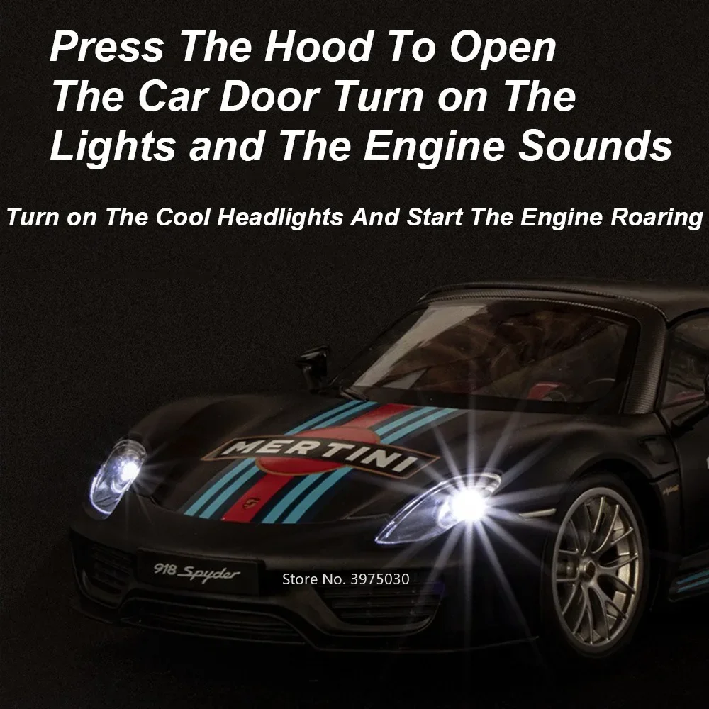 1:18 Legierung Druckguss Porsche 918 Mertini Spielzeug Miniatur Autos Modelle Sound Licht Sportwagen Rad Zurückziehen Fahrzeug Jungen Erwachsene Geschenke