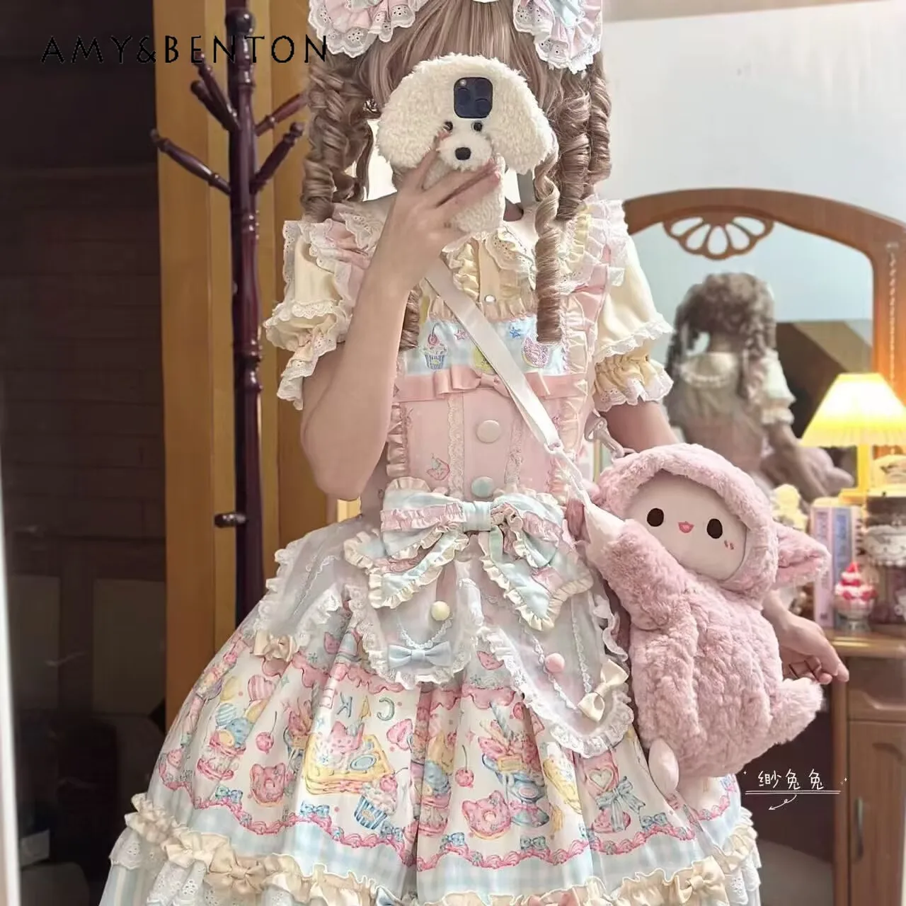 

2025 Summer New Sweet Cute Lolita Dress Full Set Pink Bow Cartoon Print High Waist Slim Fit Strap Short Dress Women
