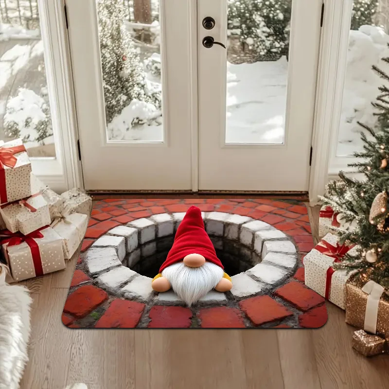 Gnome Chimney Red Hat White Beard Fun Doormat For Winter Holiday Doorstep Enchanting Scene Soft Touch Durable Mat