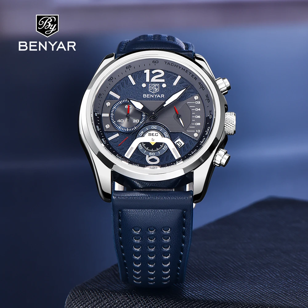 BENYAR Men\'s Watches 2023 Top Brand Luxury Quartz Watch For Men Chronograph Waterproof Sports Fashion Leather Relogio Masculino