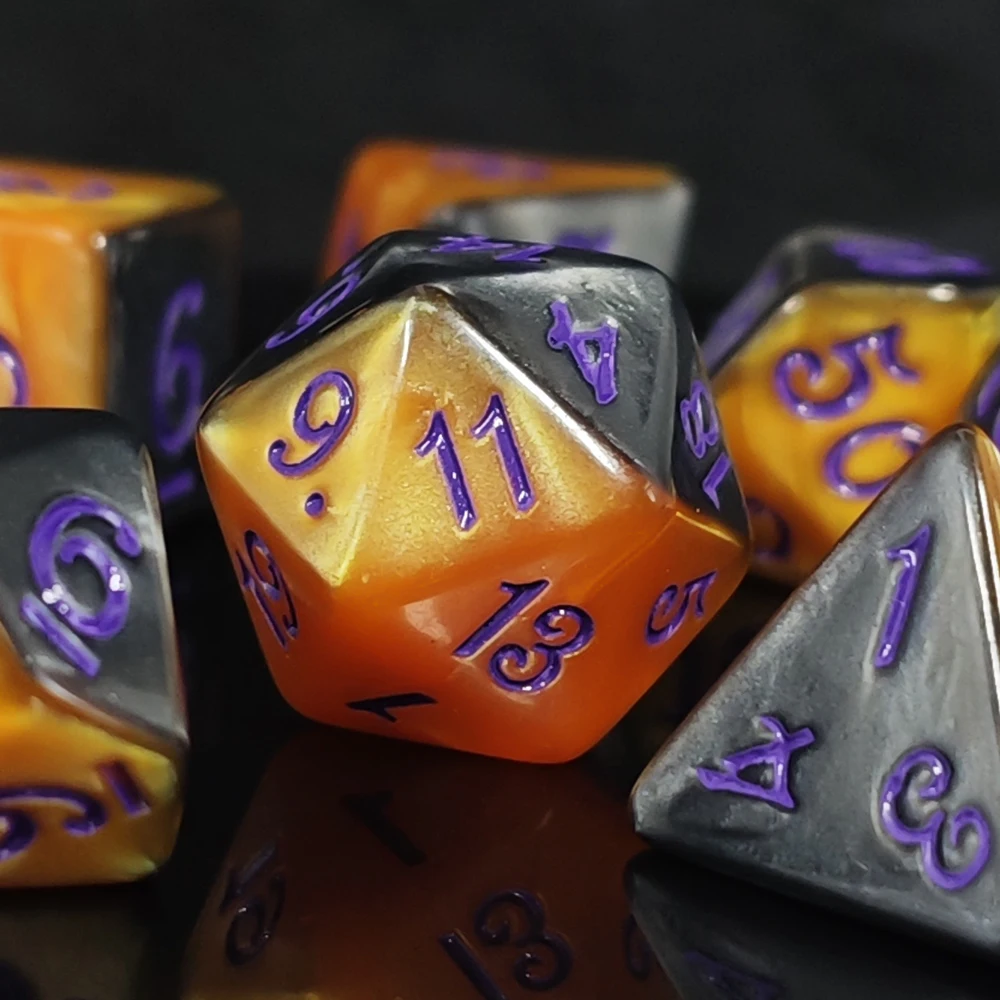 Halloween Gemini Dice Set, 7Pcs Orange Black Two-Tone DND Dice with Purple Ink for Spooky TTRPG & Role Playing