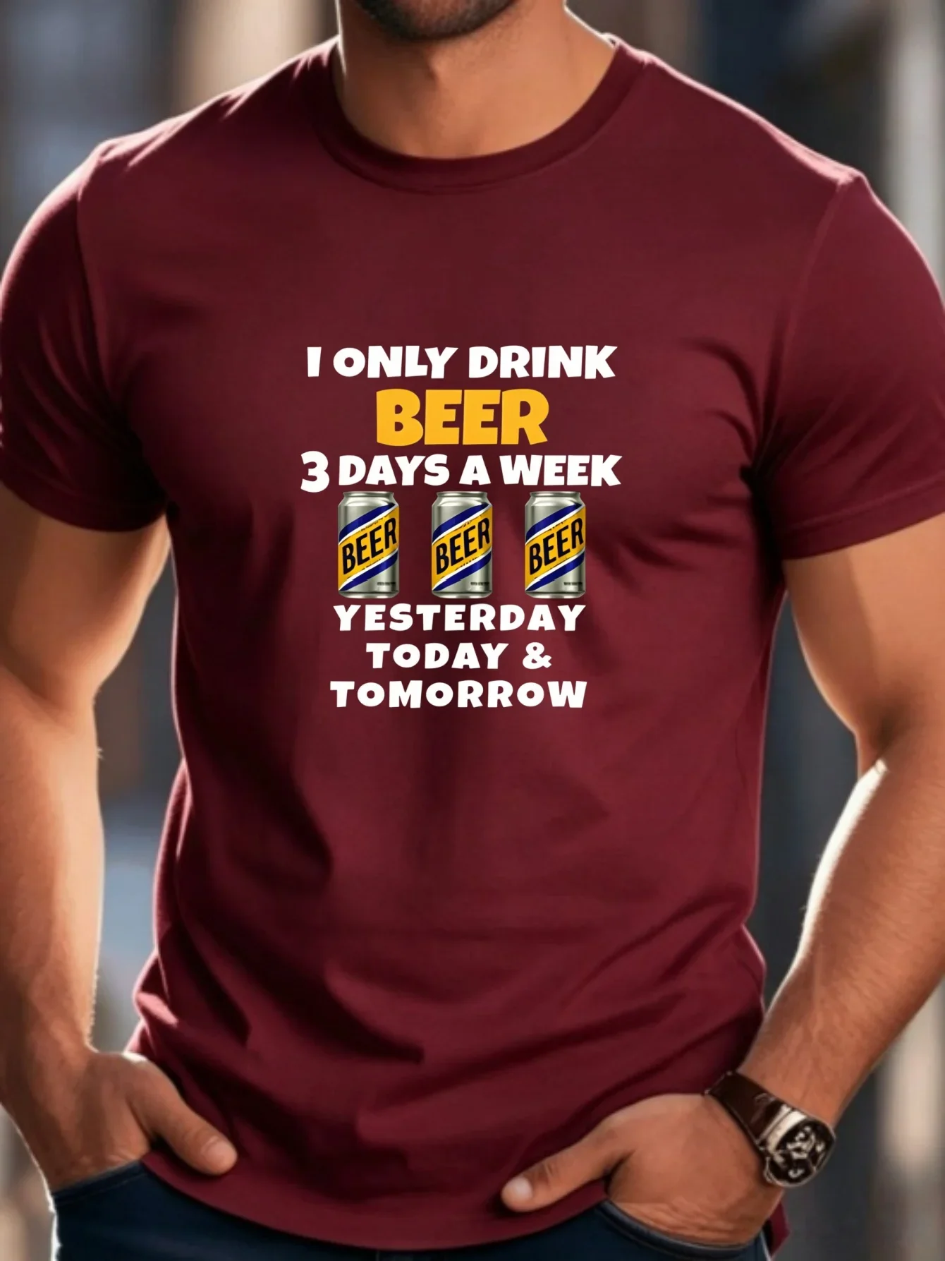 Funny Beer Graphic T‑Shirt I Only Drink Beer 3 Days A Week Print Short Sleeve Casual Crew Neck Tee For Men Daily Party Tops